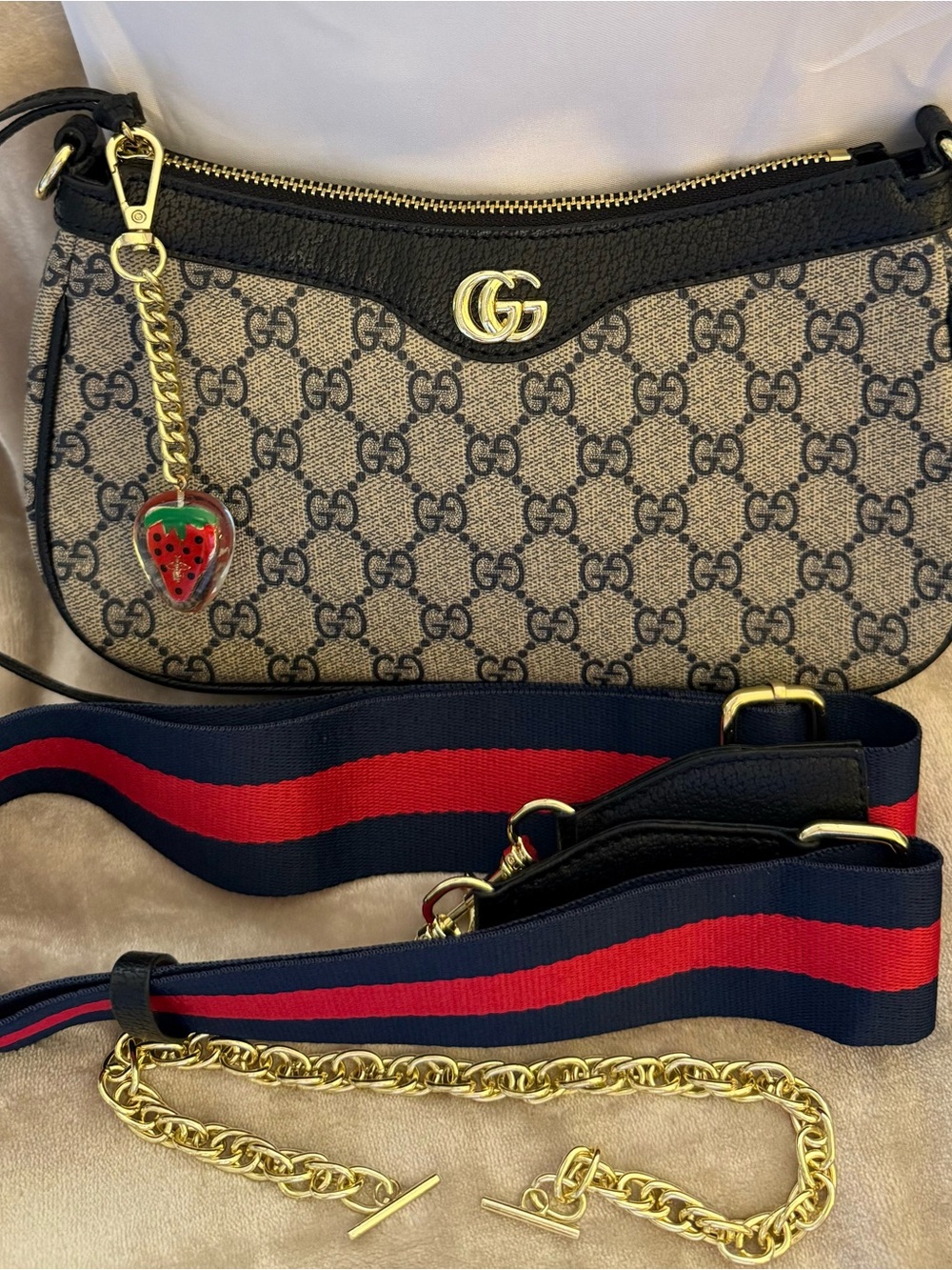 Designer Inspired Canvas Shoulder Bag with Red/Blue Strap and Gold Chain New